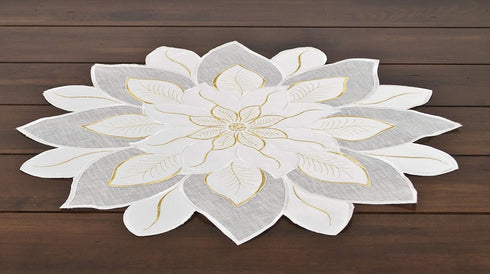 Embroidered Holiday Christmas White and Gold Star Poinsettia Doily Place Mat Small Table Topper (23 Inch Round)...