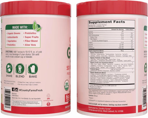 Country Farms Organic Super Greens Berry Flavor, 50 Organic Super Foods, Packed with Fiber, USDA Organic Drink Mix, Fruits, Vegetables, Mushrooms ...