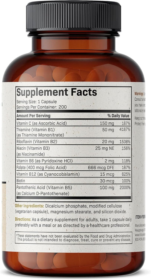 Futurebiotics Vitamin B Complex with Vitamin C Supports Energy Production, Nervous System & Immune Support - Non-GMO, 200 Vegetarian Capsules...