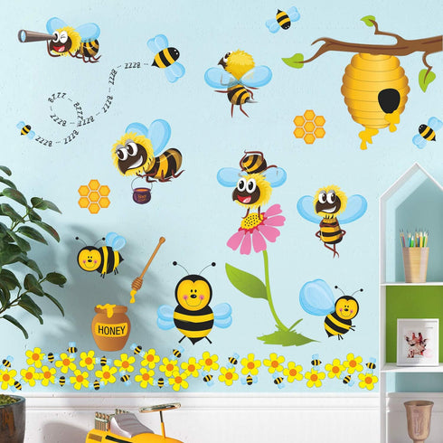 RW-1061 3D Bee Wall Decals Bee Flowers Wall Stickers Cartoon Animals Stickers DIY Removable Animals Tree Branch Wall Art Decor for Kids Babys Nurs...