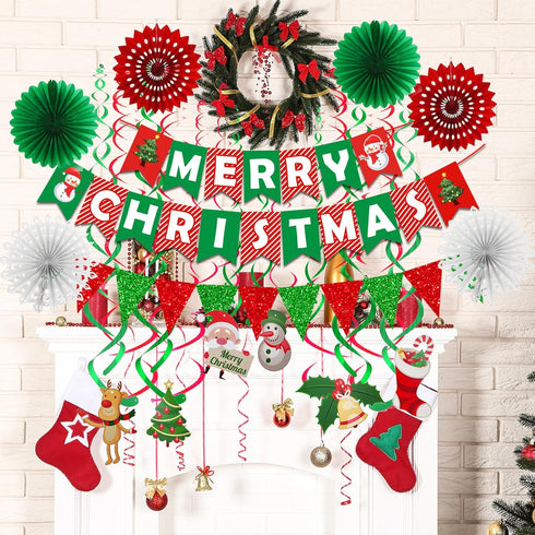 Fecedy Merry Christmas Hanging Paper Banner Triangle Bunting Paper Flower Fan Swirl Streamers&Christmas Tree Santa Claus Banner for Merry Christma...