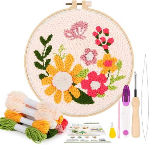 Pllieay Punch Needle Embroidery Starter Kits for Kids and Adults Beginners, Include Instructions, Punch Needle Fabric with Floral Pattern, Yarns, ...