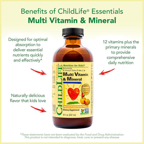 CHILDLIFE Essentials Kids Multivitamin & Mineral - Vitamins for Kids, Liquid Multivitamin for Toddler & Baby - Natural Orange & Mango, 8 Fl Oz (Pa...