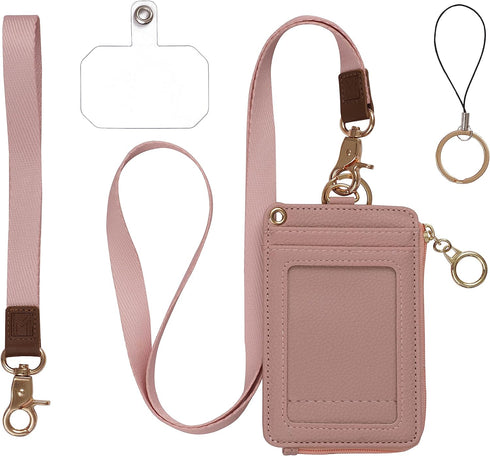 2-in-1 ID Badge Holder & Lanyard Wallet - Multi-Use Womens Small Wallet with Removable Wristlet & Neck Lanyard, Clear Window, 5 Card Slots, Phone ...