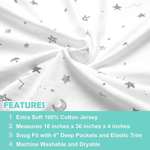 TL Care Printed 100% Natural Cotton Jersey Knit 18 x 36 Cradle/Bassinet Sheet - Fitted, Gray Stars and Moons, Soft Breathable, for Boys and Girls...
