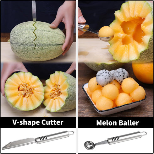 Stainless Steel Fruit Carving Knife Set, 5 Pack Vegetable Engraving Blades for Kitchen, Melon Baller Scoop,Lemon Zester, Garnish Peeler,Crinkle Kn...