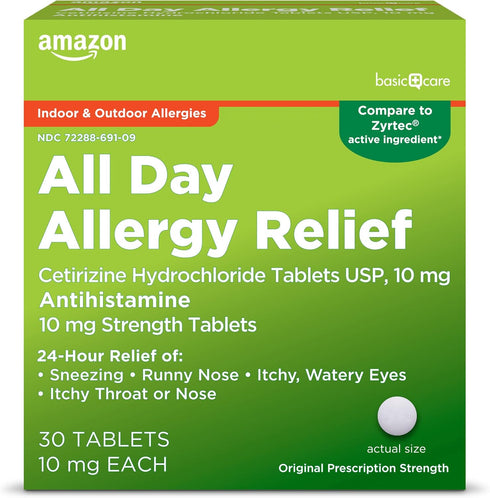Amazon Basic Care All Day Allergy, Cetirizine Hydrochloride Tablets, 10 mg, Antihistamine, 30 Count (Packaging may vary)...