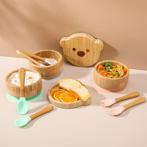 Baby Bowls with Lid - HBM Bamboo Suction Bowls for Baby and Spoon Set - 3PC Feeding Supplies Set for Infant, Toddlers - Detachable Silicone Suctio...