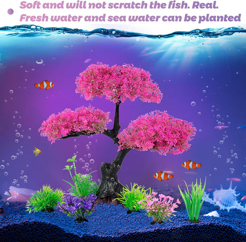 Ameliade Aquarium Artificial Plastic Plants Decoration, Pink Cherry Blossom Tree & Grass Aquarium Decor Set, Goldfish Betta Fish Tank Decorations ...