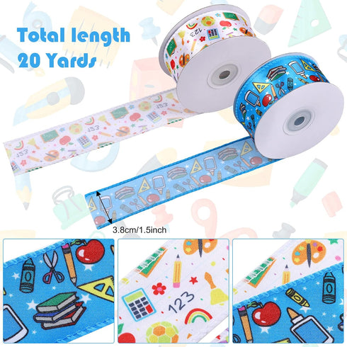 2 Rolls/ 20 Yards Back to School Ribbons Multi Wired Edge School Fabric Ribbons 1.5 Inch School Themed Ribbon Decor for DIY Wrapping Crafts Decora...