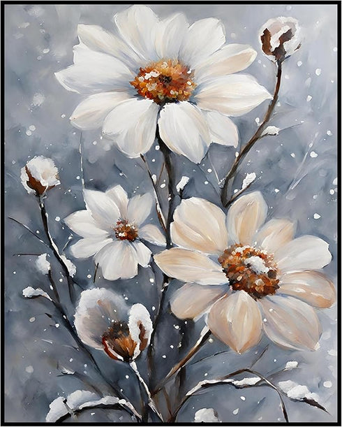 Posterizer 1 pcs-dainty flowers in snowy nature -oil painting style-3-Floral & Botanical Art-Landscape & Nature Art-Living Room Bedroom Decor- unf...