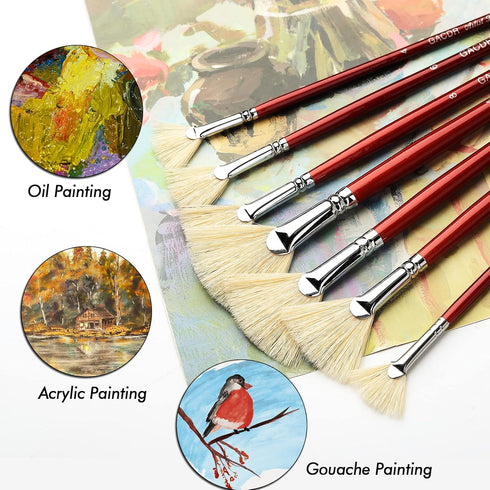 Fan Brush for Painting, 7 Pieces Fan Brush Set with Hog Bristle Natural Hair and Long Wood Handle, Professional Artist Fan Brushes for Acrylic Pai...