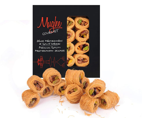 Mughe Gourmet Bite Size Pistachio Esh El Bulbul Baklava Kataifi Pastry Gifts - 150g/5.30oz -Rich Turkish Pistachios Shatila Baklawa Arabic Dessert...