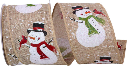 Reliant Ribbon Glitter Snowman With Cardinal Linen Wire Edge Ribbon, 2-1/2 Inch X 10 Yards, Natural...