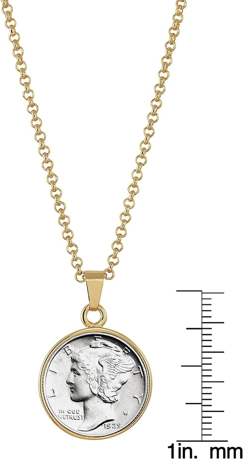 American Coin Treasures Silver Mercury Dime Goldtone Coin Pendant with 18" Chain Necklace - Authentic and Elegant Keepsake Jewelry for Women | Whi...