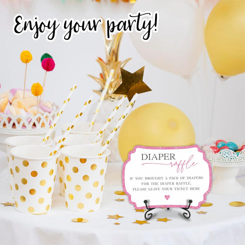 Pink Diaper Party Game Set, 50 Pcs Diaper Raffle Tickets, 1 Wooden Sign & 1 Iron Stand, Gender Neutral Baby Shower Game Kit for Boys & Girl, Newbo...