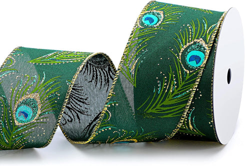 Peacock Print Wired Ribbon Feathers Peacock Decorations 2 1/2 inch x 10 Yards for Home, Ribbon for Wrapping, Party Decor, Christmas Decorations, M...