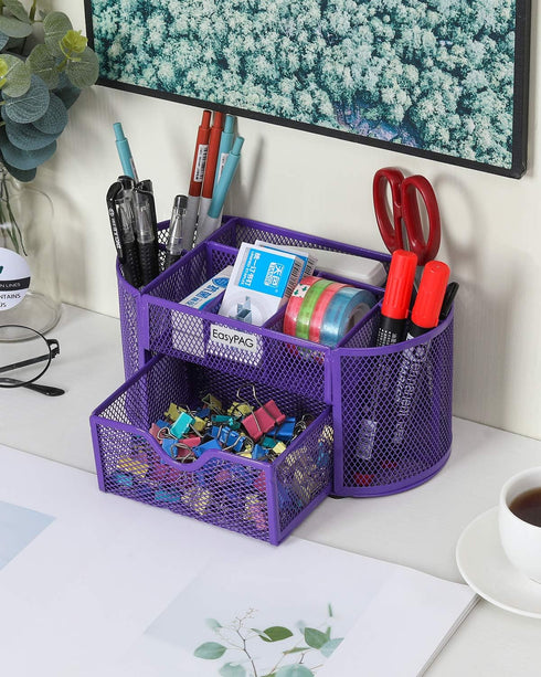 EasyPAG Desk Organizer Mesh Desktop Office Supplies Multi-functional Caddy Pen Holder Stationery with Drawer,Purple...
