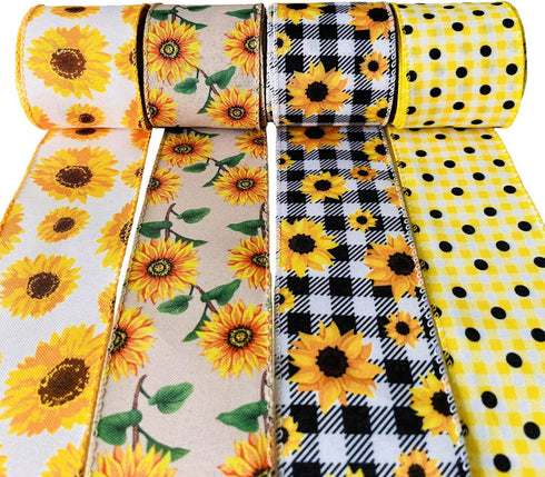 4 Rolls Wired Edge Ribbons 26 Yards Summer Wired Ribbon Dot Fabric Ribbon Vertical Stripe Craft Ribbon Decorative Ribbon DIY for Wrapping, Party D...