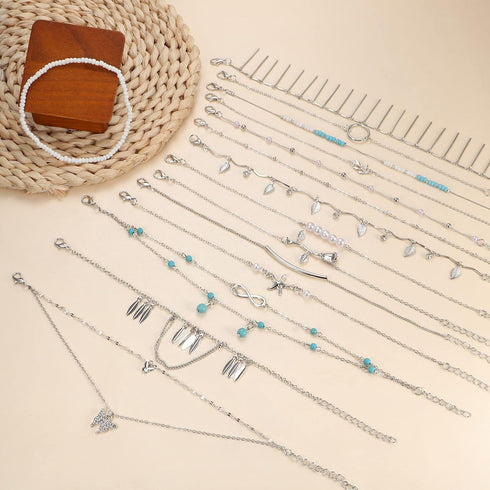 ORAZIO 21 Pcs Ankle Bracelets for Women Silver Gold Plated Anklets Bracelets Boho Adjustable Anklet Heart Infinite Link Chain Layered Anklet Foot ...