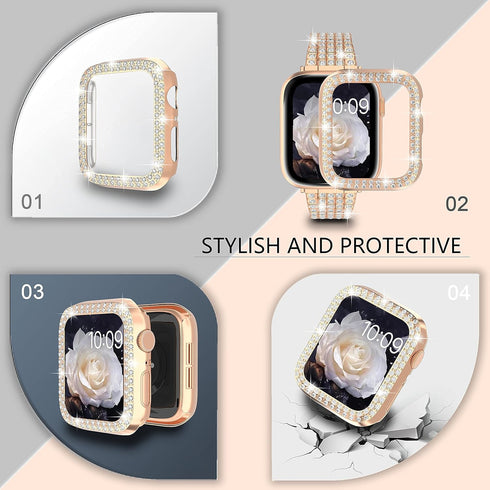 QVLANG Compatible for Apple Watch Band 44mm Series 6/5/4/SE, Diamond Rhinestone Case + Women Bling Band Stainless Steel Metal Bracelet for iWatch ...
