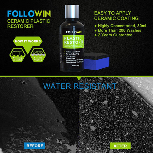 FOLLOWIN Plastic Restorer for Cars - Black Trim Restorer & Ceramic Coating, Resists Water, UV Rays, Dirt, Not a Dressing, Hydrophobic Protection, ...