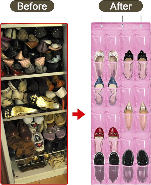 Over The Door Shoe Organizer - Space Saving Shoe Rack for Closet Door with 24 Pockets and Hook, Shoe Holder Back of Door Organizers for Shoes, Han...