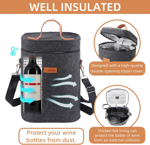 4 Bottle Carrier Tote, Thicken Felt Wine Carrier Padded Portable Wine Bottle Bag with Leather Handles & Shoulder Strap for Party, Picnic, Travel, ...
