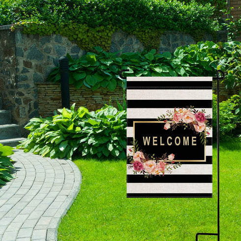 Personalized Floral Garden Flag,Welcome Flag,Welcome Friends,Farmhouse Decor,Yard Decor,Outdoor Decor,Black and White Stripes Garden Flag 12.5 X 1...