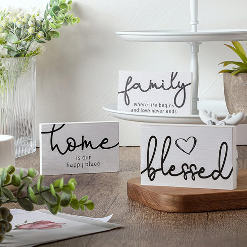 Jetec 3 Pcs Family Home Blessed Rustic Wood Sign Mini Wood Decorative Farmhouse Woodworks Table Shelves Decorations Sign for Bedroom Kitchen Livin...