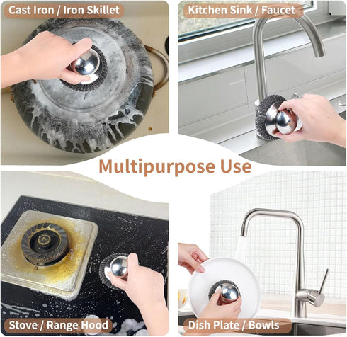 4pcs Steel Wool Scrubber with Replacement Wire Pads Set, Stainless Steel Scrubber with Handle for Scouring Stubborn Messes from Cast Iron, Pots, P...
