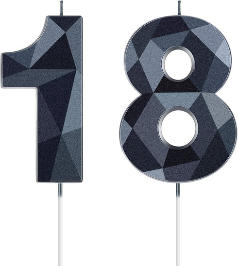 18th Birthday Candles, Black 3D Diamond Shape Number 18 Candles Happy Birthday Cake Topper Decoration for Wedding Decor Theme Party Anniversary, 2...