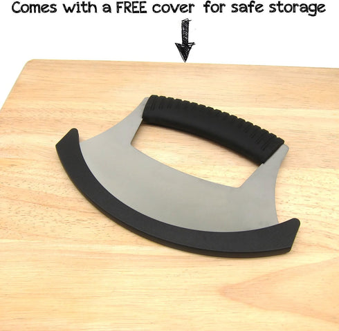 KAYCROWN Mezzaluna Knife Pizza Cutter Salad Chopper - Stainless Steel Sharp Rocker Ulu Knife with Protective Cover for Cutter Pizza, Meat, Vegetab...