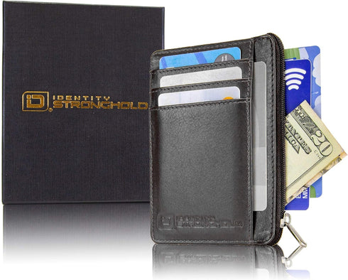 ID STRONGHOLD RFID Front Pocket Wallet Mini Minimalist Wallet Slim Wallet Genuine Leather with Zipper , Black , Small...
