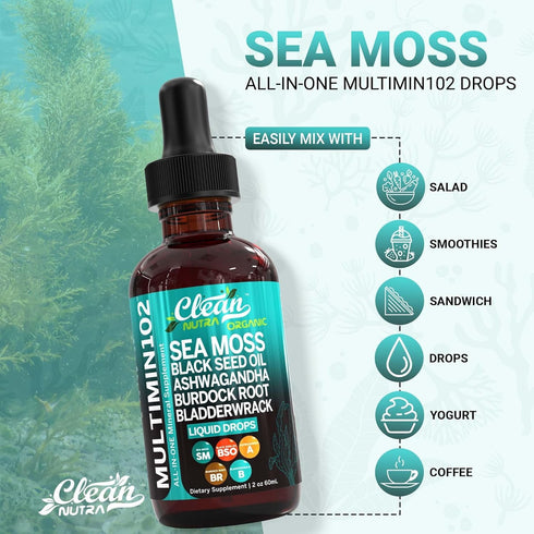 Clean Nutraceuticals Sea Moss Liquid Drops Supplement with Black Seed Oil Ashwagandha Burdock Root & Bladderwrack - Multimineral Organic Non-GMO V...
