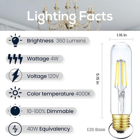 6 Pack T10 Tube Light Bulbs,LED Edison Bulbs Daylight 4000K,E26 Base,4W Vintage Bulb 40 Watt Equivalent,Dimmable for Desk Lamp,Curio Cabinet,Islan...