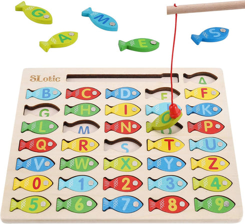 Magnetic Wooden Fishing Game Toy for Toddlers - Alphabet ABC Fish Catching Counting Learning Education Math Preschool Board Games Toys Gifts for 3...