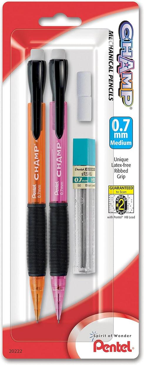 Pentel Champ Automatic Pencil with Lead and 2 Erasers, 0.7mm, Assorted Barrels, 2 Pack (AL17LEBP2)...