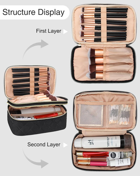 Relavel Travel Makeup Bag, Compact Cosmetic Bag for Women, Waterproof Makeup Brush Holder Organizer with Adjustable Dividers (Black)...