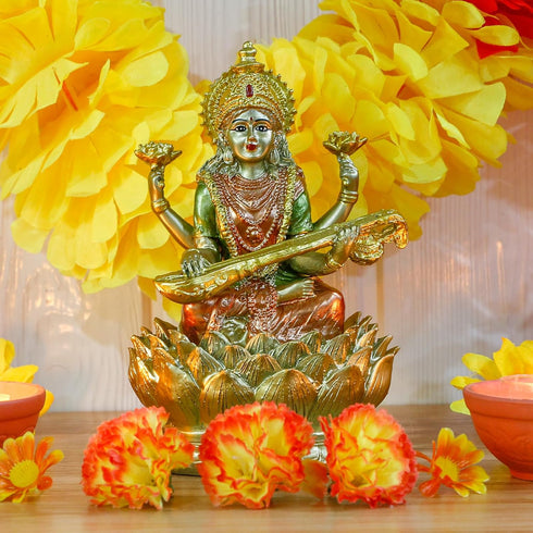 Hindu Goddess Saraswati Idol - 6.5" H Knowledge, Music, Arts Goddess Sarswati Statue Indian Diwali Gifts for Home Mandir Altar Pooja Item...