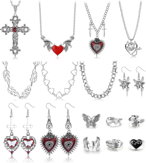 HAIAISO 16 Pcs Grunge Gothic Jewelry Set Punk Necklace Set Vintage Goth Ring for Women Gothic Dangle Earrings Goth Choker Necklace Emo Y2K Jewelry...