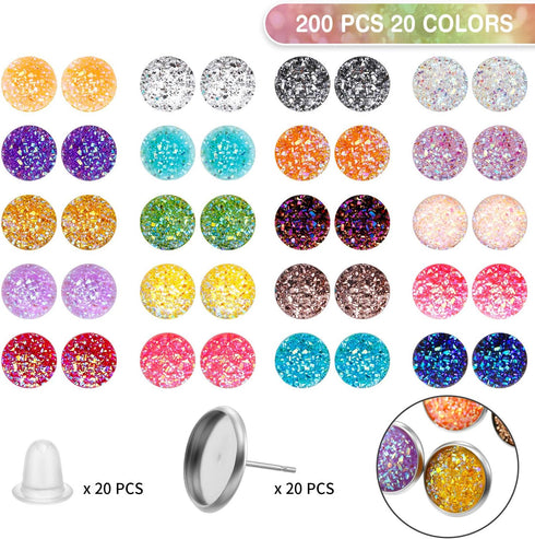 Maitys 200 Pcs 20 Colors Druzy Resin Cabochons Stainless Steel Stud Earring, Faux Druzy Cabochons Round Flat Back Dome for Jewelry Making, DIY Cra...