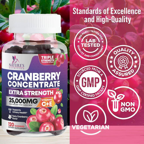 Cranberry Gummies - Urinary Tract Health Gummy + Vitamin C - 25,000mg - Triple Strength Cranberry Concentrate Extract Supplement Pills, Ultimate P...
