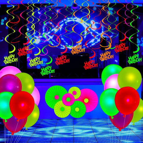 Sumind Neon Party Supplies Neon Balloons Black Light Balloons Decorations Glow in the Dark Party Supplies Streamers Hanging Swirls for Adults...