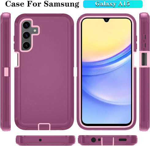 Qinmay Samsung Galaxy A15 5G Case, 3-Layer Shockproof Phone Cover with HD Screen Protector (WinRedPink)...