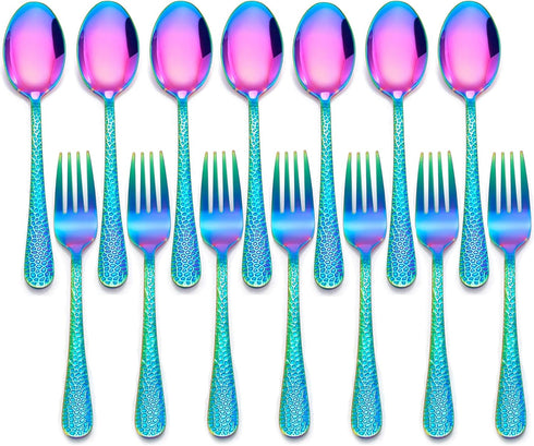 LIANYU 14-Piece Kids Silverware Set, Rainbow Toddler Utensils Flatware Set, Stainless Steel Child Preschooler Cutlery Set, Includes 7 Kids Spoons,...