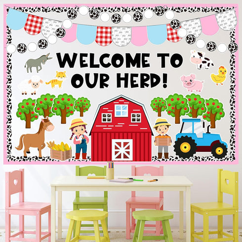 97Pcs Farm Animals Bulletin Board Kit Farmhouse Themed Bulletin Board Set Barnyard Animals Decoration Borders Cutouts with Glue Points for Farm Pa...