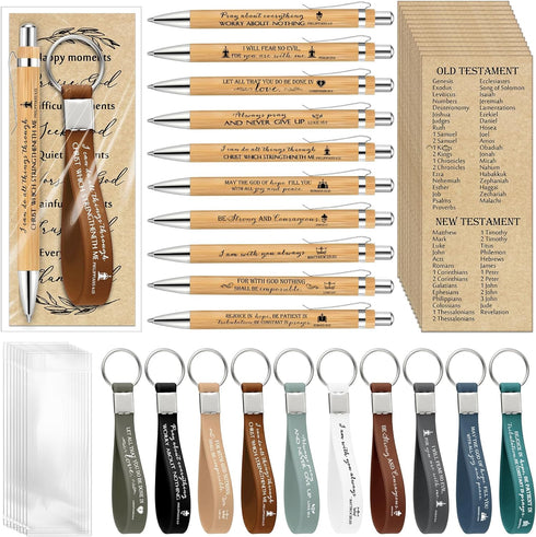 Gueevin 20 Sets Christian Gift Bulk Bible Verse Bamboo Pens Christian Bookmarks and Scripture Silicone Keychains Inspirational Ballpoint Pens Reli...