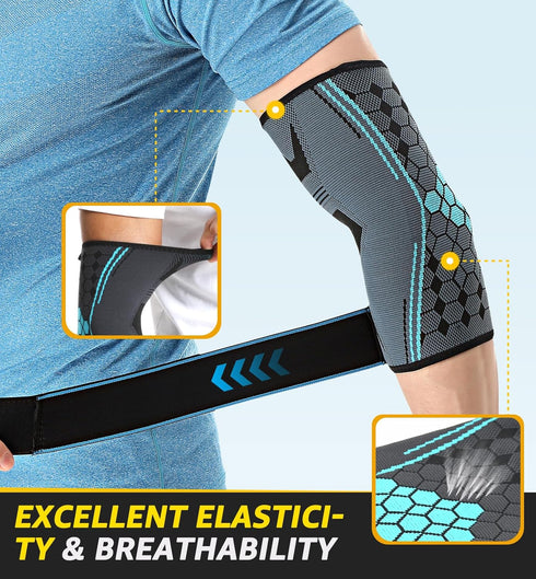 HiRui 2 PACK Elbow Brace for Men Women, Elbow Compression Sleeves With Adjustable Straps, Tennis Elbow Golfer Elbow Treatment Arm Support for Work...