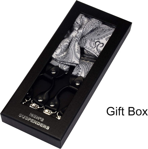 GUSLESON Adjustable Plaid Floral 6 Clips Y Shape Suspenders Pre-tied Bow Tie and Pocket Square Set with Gift Box...